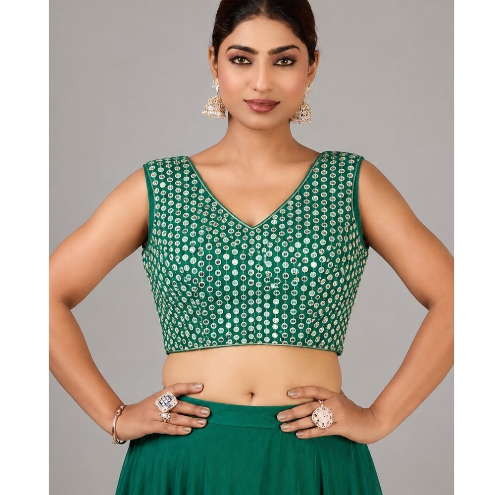 Cbazaar Green Mirror Work Saree Blouse V-Neck Sleeveless NEW Festive 42.00/5.04